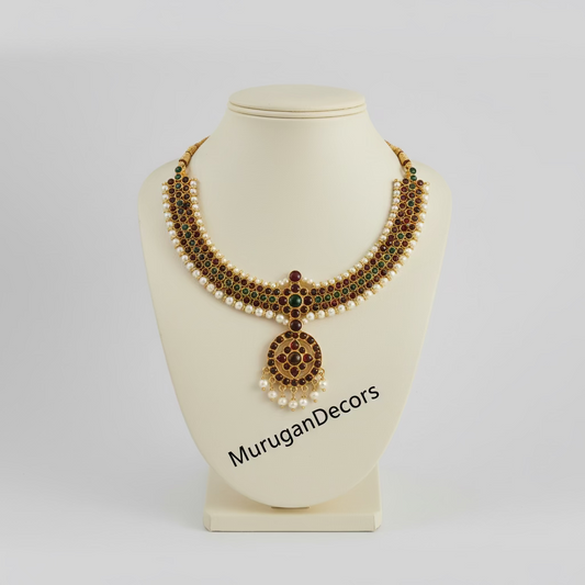 Pearl Red and Green Kemp temple Indian jewelry | Short Choker Necklace | Bharatnatyam Kuchipudi Engagement Weddings Birthdays | Classical Dance Jewelry