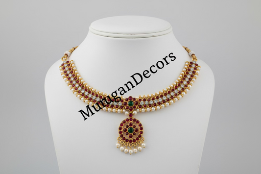 Pearl Red and white Kemp temple Indian jewelry | Short Choker Necklace | Bharatnatyam Kuchipudi Engagement Weddings Birthdays | Classical Dance Jewelry