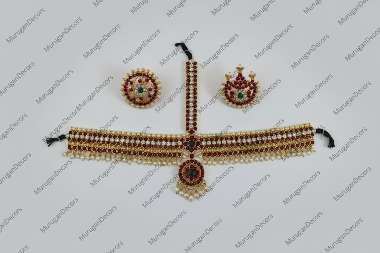 Red GREEN WHITE STONE Temple Indian Jewelry Headset | Head set Jewelry|Bharatnatyam, Kuchipudi, Weddings, Birthdays | Classical Dance Jewelry