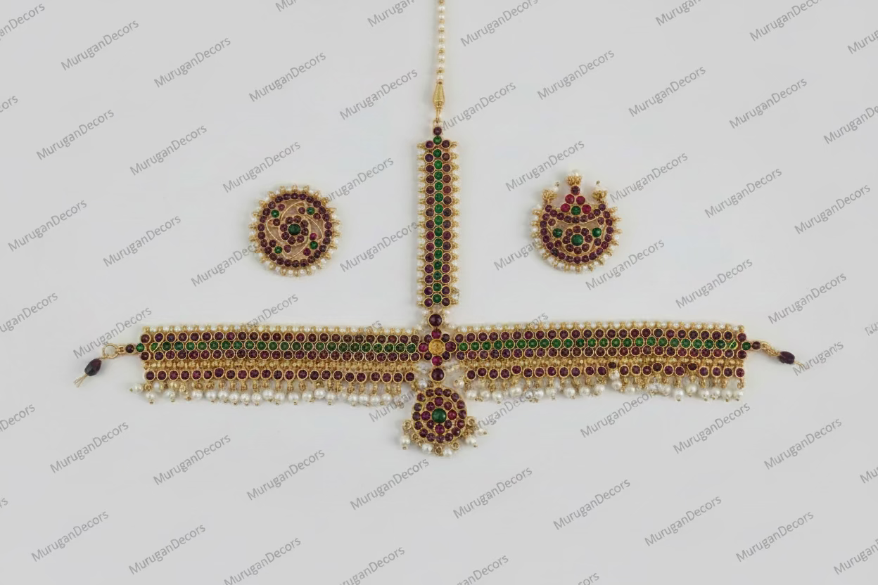 Red GREEN WHITE STONE Temple Indian Jewelry Headset | Head set Jewelry|Bharatnatyam, Kuchipudi, Weddings, Birthdays | Classical Dance Jewelry