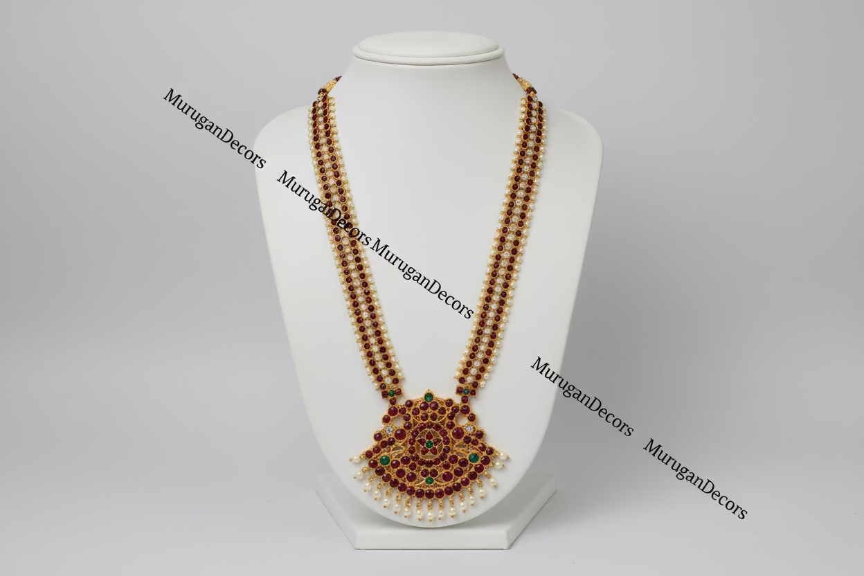 Red Kemp Stone Long chain Haram Temple Indian jewelry | LONG maala/Haram | Bharatanatyam Kuchipudi Dance Jewelry Weddings Birthdays | Classical Dance Jewelry
