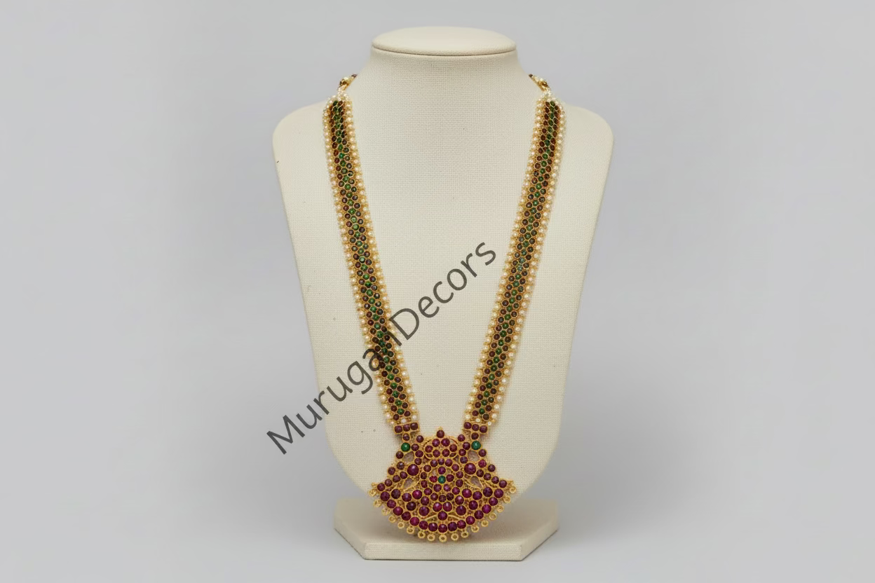 Red Kemp Stone Long chain Haram Temple Indian jewelry | LONG maala/Haram | Bharatanatyam Kuchipudi Dance Jewelry Weddings Birthdays | Classical Dance Jewelry