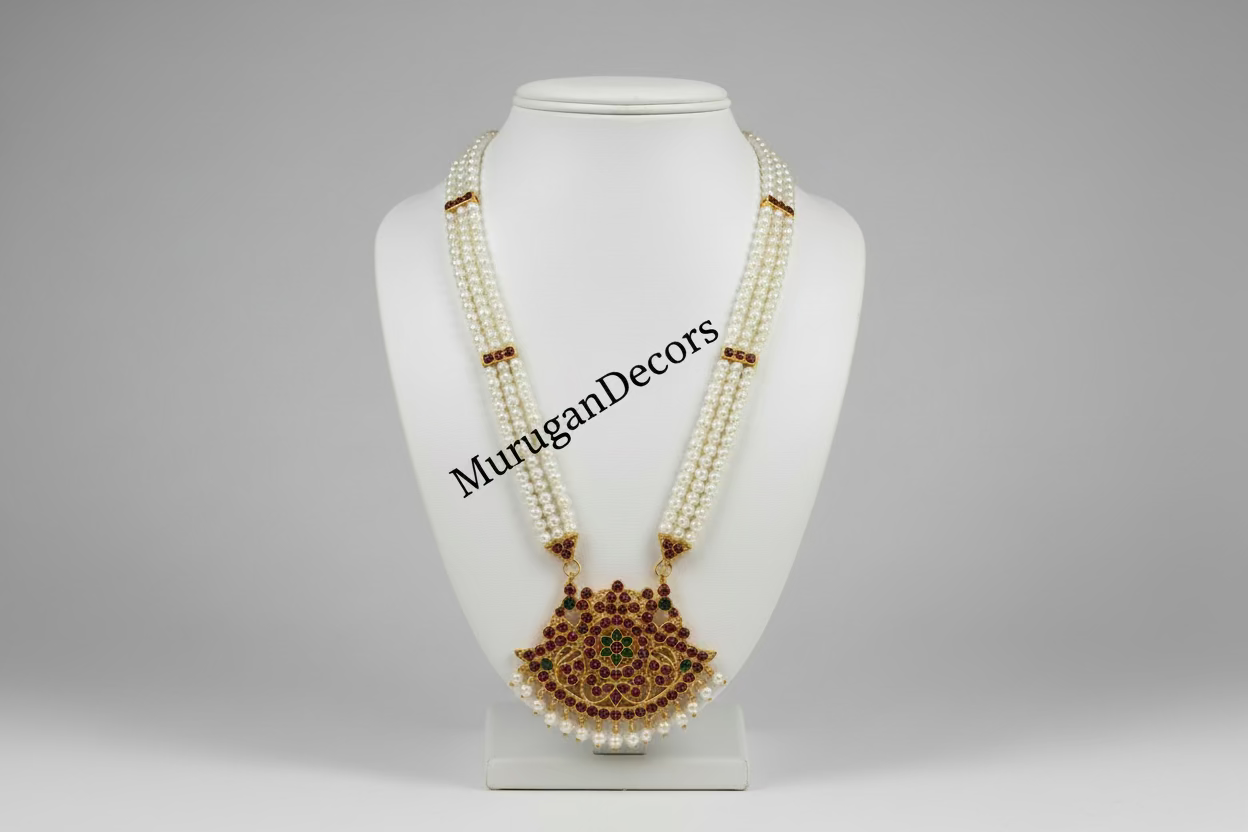 Red Kemp 3/4 lines pearl Temple Indian jewelry | LONG Haram | Bharatanatyam Kuchipudi Weddings Birthdays | Classical Dance Jewelry