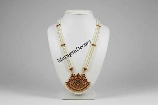 Red Kemp 3/4 lines pearl Temple Indian jewelry | LONG Haram | Bharatanatyam Kuchipudi Weddings Birthdays | Classical Dance Jewelry
