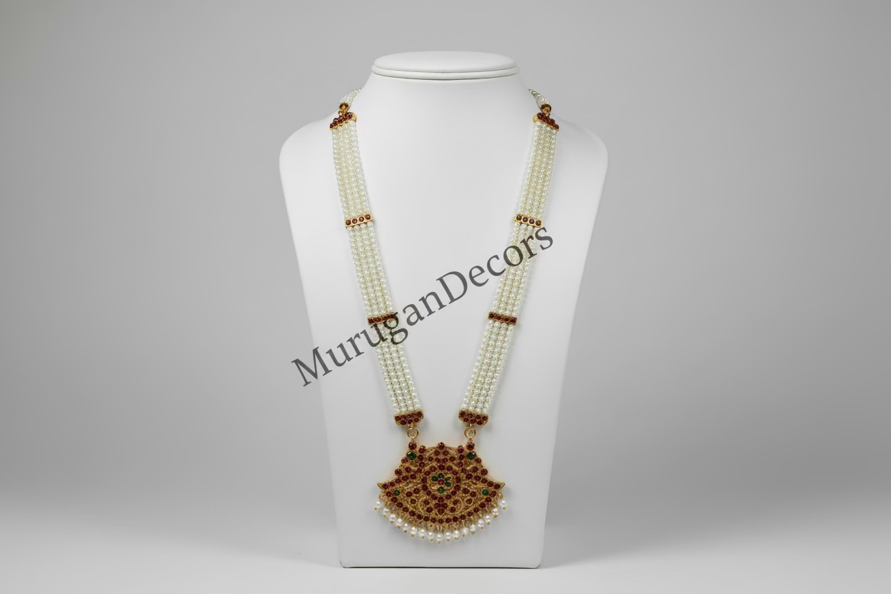 Red Kemp 3/4 lines pearl Temple Indian jewelry | LONG Haram | Bharatanatyam Kuchipudi Weddings Birthdays | Classical Dance Jewelry