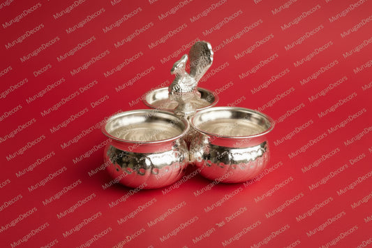 German Silver Plated Panchapali Peacock Design 3 cups Haldi Kumkum Holder/Kumkum Box/Kumkum Chopra, Sindur box, Puja Favors, Wedding Favors |Traditional Housewarming Pooja Return Gifts