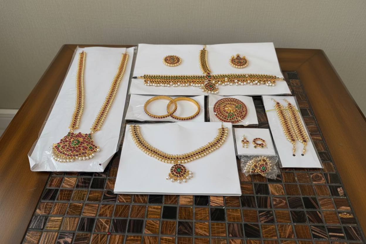 Bharatnatyam Dance Jewelry full 14 piece Set| Red Kemp Bharatanatyam Jewellery/ Stone & Pearl |Classical Dance Jewelry set