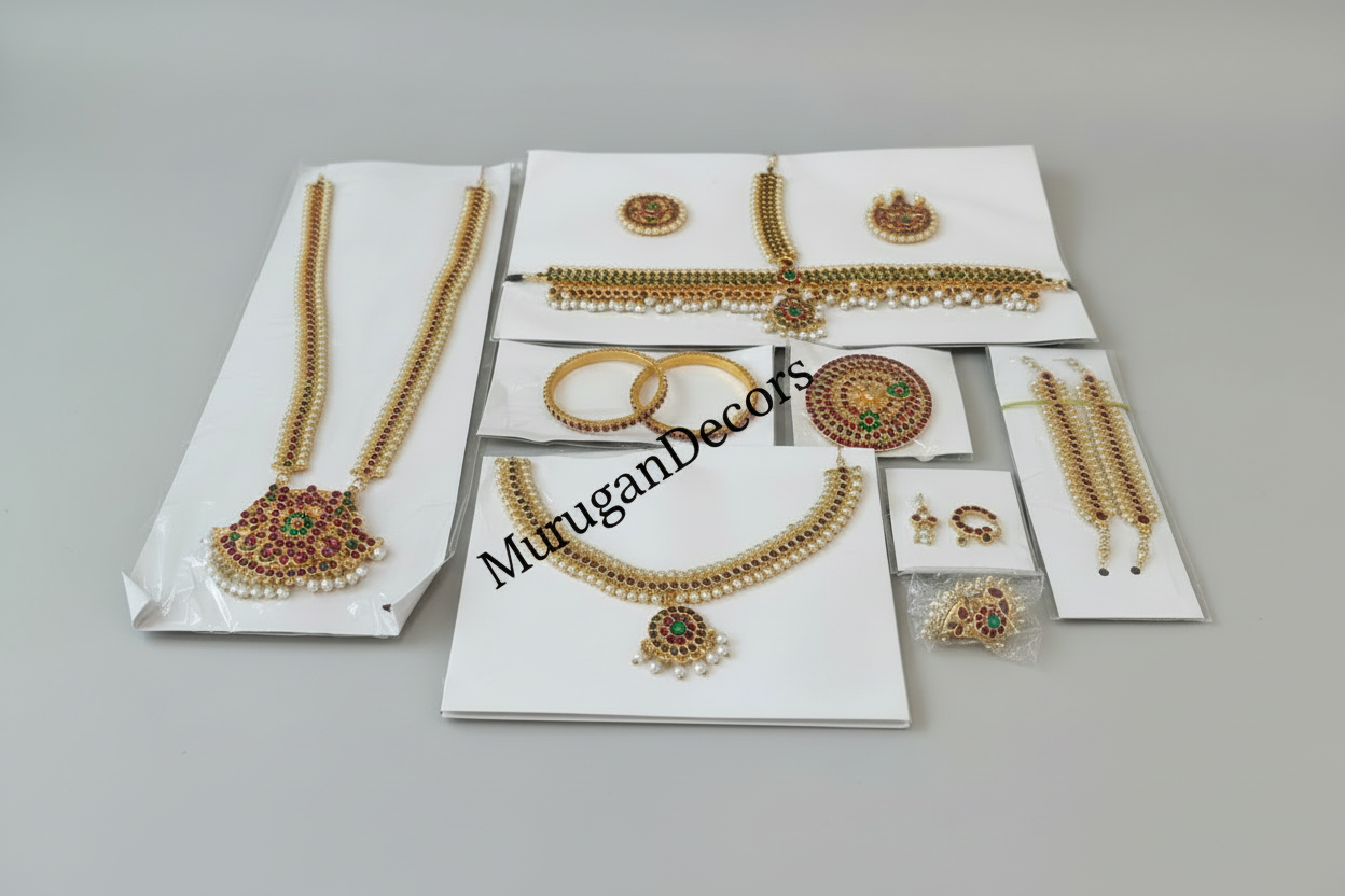 Bharatnatyam Dance Jewelry full 14 piece Set| Red Kemp Bharatanatyam Jewellery/ Stone & Pearl |Classical Dance Jewelry set