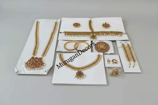 Bharatnatyam Dance Jewelry full 14 piece Set| Red Kemp Bharatanatyam Jewellery/ Stone & Pearl |Classical Dance Jewelry set