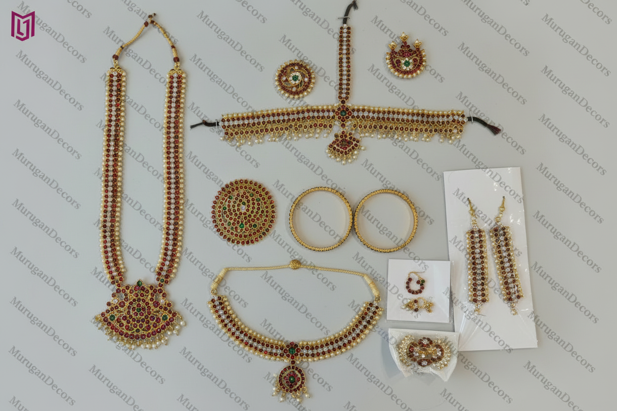 Bharatnatyam Dance Jewelry full Set| Good Quality Red and White Kemp stone Bharatanatyam Jewellery/ Stone & Pearl |Classical Dance Jewelry set