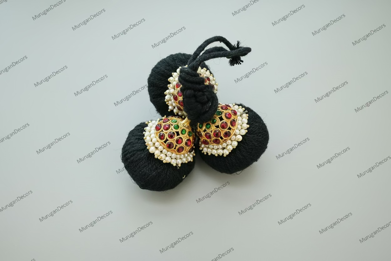 Black Velvet Jada Kunjalam (Billalu/Gantalu) — Bridal &amp; Classical Dance Hair Ornament for Bharatanatyam, Kuchipudi, Kupullu|Bharatanatyam Kuchipudi Weddings Events | Classical Dance Jewelry