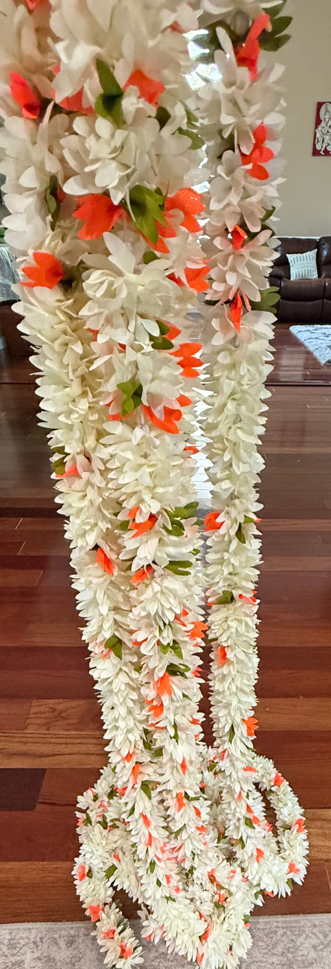 Full White/Orange 10 feet Jasmine Artificial garland  Decor /Long garland strings/ Pooja Decor / Indian Festival Decor / Artifical Flower Decor / Diwali/Ganesha/Wedding/Housewarming | Pooja | Festival Decor