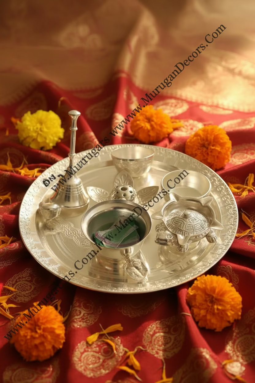 8-piece German Silver Plated Pooja Thali Set |(7 Inch) | Indian Pooja Thali plate Favor,| housewarming Gift| Wedding Favors