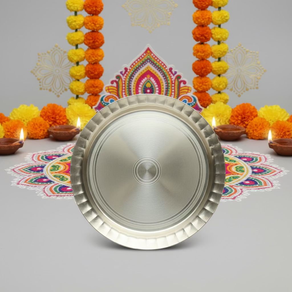 8-piece German Silver Plated Pooja Thali Set |(7 Inch) | Indian Pooja Thali plate Favor,| housewarming Gift| Wedding Favors