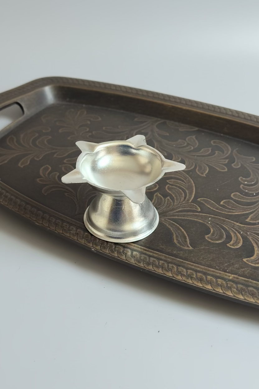 8-piece German Silver Plated Pooja Thali Set |(7 Inch) | Indian Pooja Thali plate Favor,| housewarming Gift| Wedding Favors
