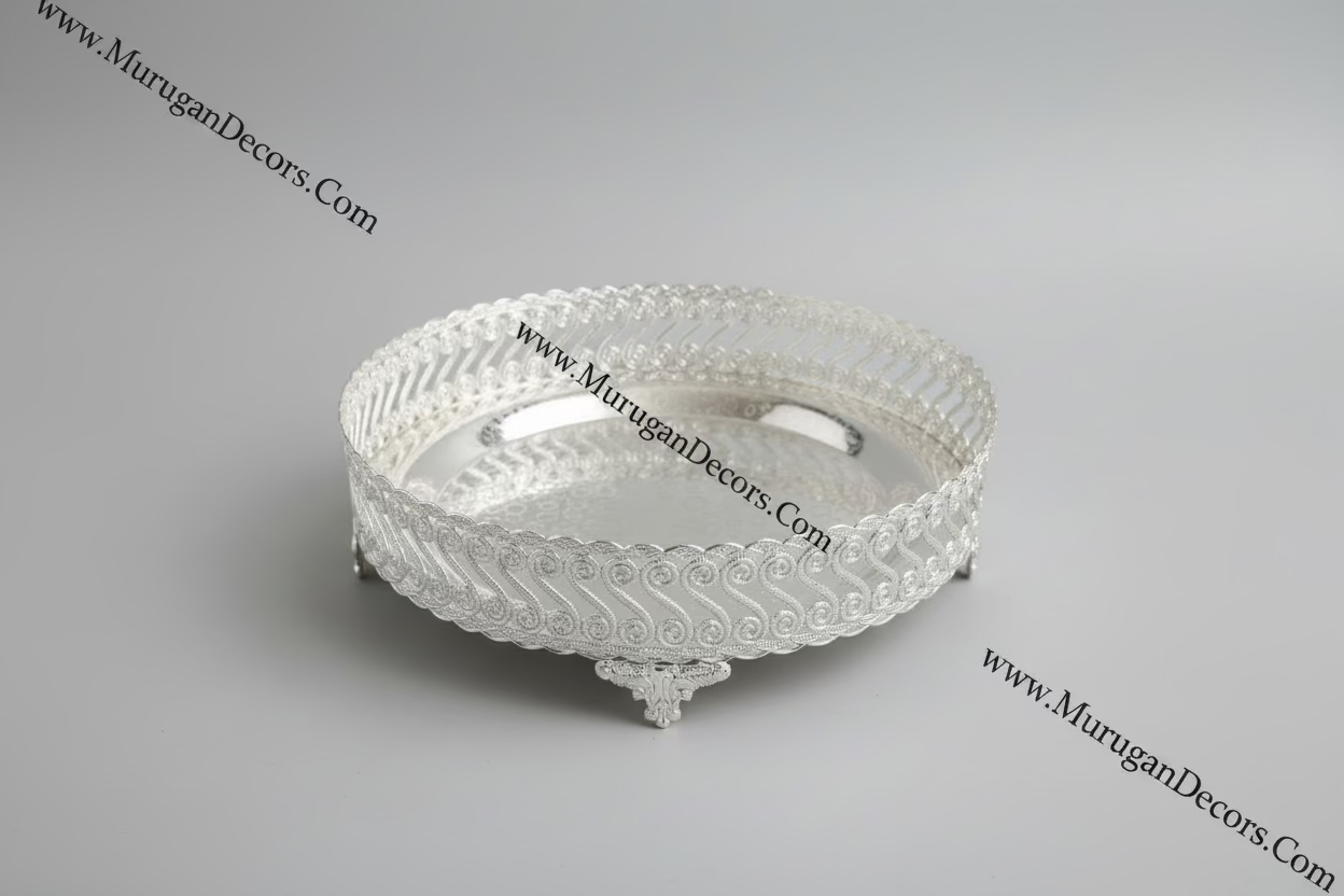 German Silver Pooja Thaali | German Silver Indian Pooja Tray Favor, Thambulam|Diwali Return Gift (8-Inch) |Favors Housewarming Gifting |Traditional Return Gifts