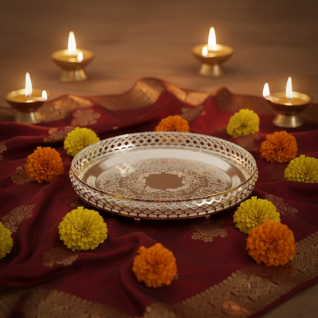 German Silver Pooja Thaali | German Silver Indian Pooja Tray Favor, Thambulam|Diwali Return Gift (8-Inch) |Favors Housewarming Gifting |Traditional Return Gifts