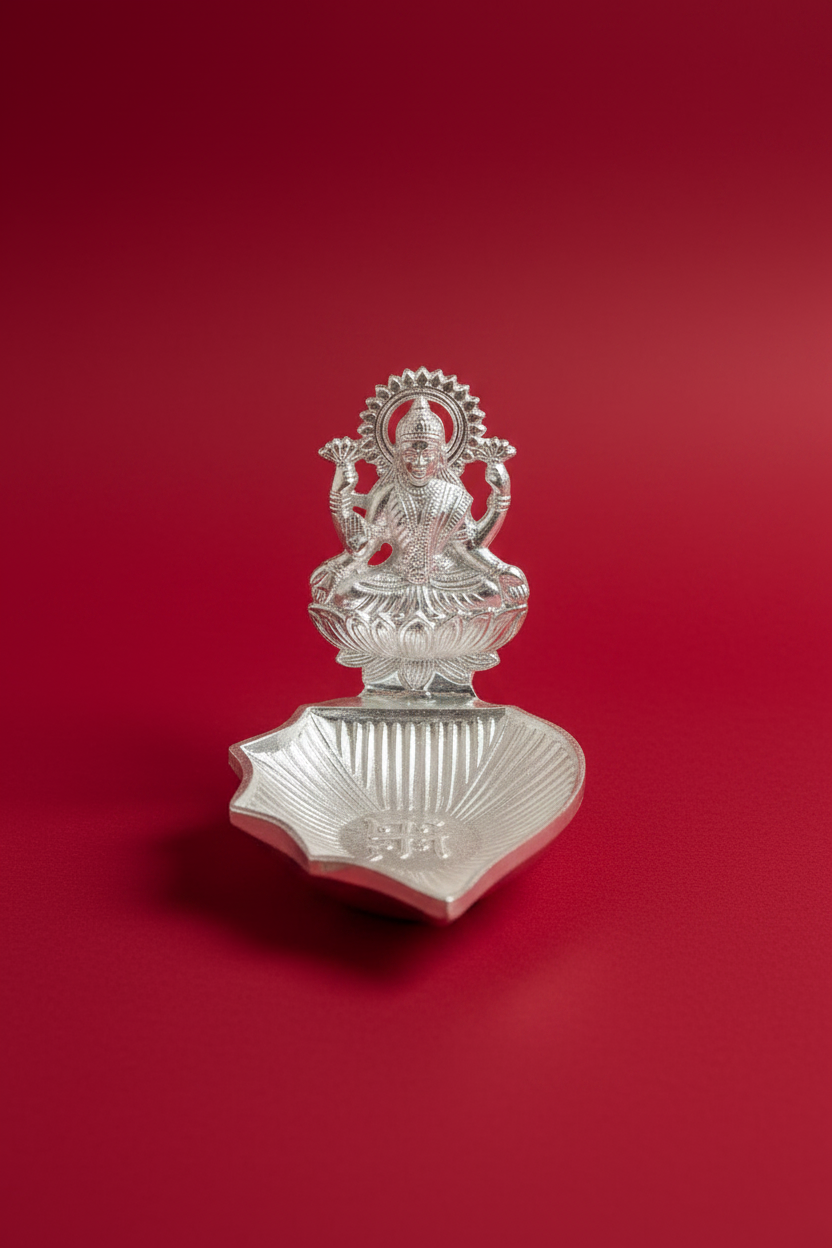 German Silver Laxmi Deepam with lotus , |(4 inch) | Wedding Favors, Religious Gift, Diyas, Diwali Decor |German silver Lakshmi diya for housewarming return gifts | pooja favor|puja gifts