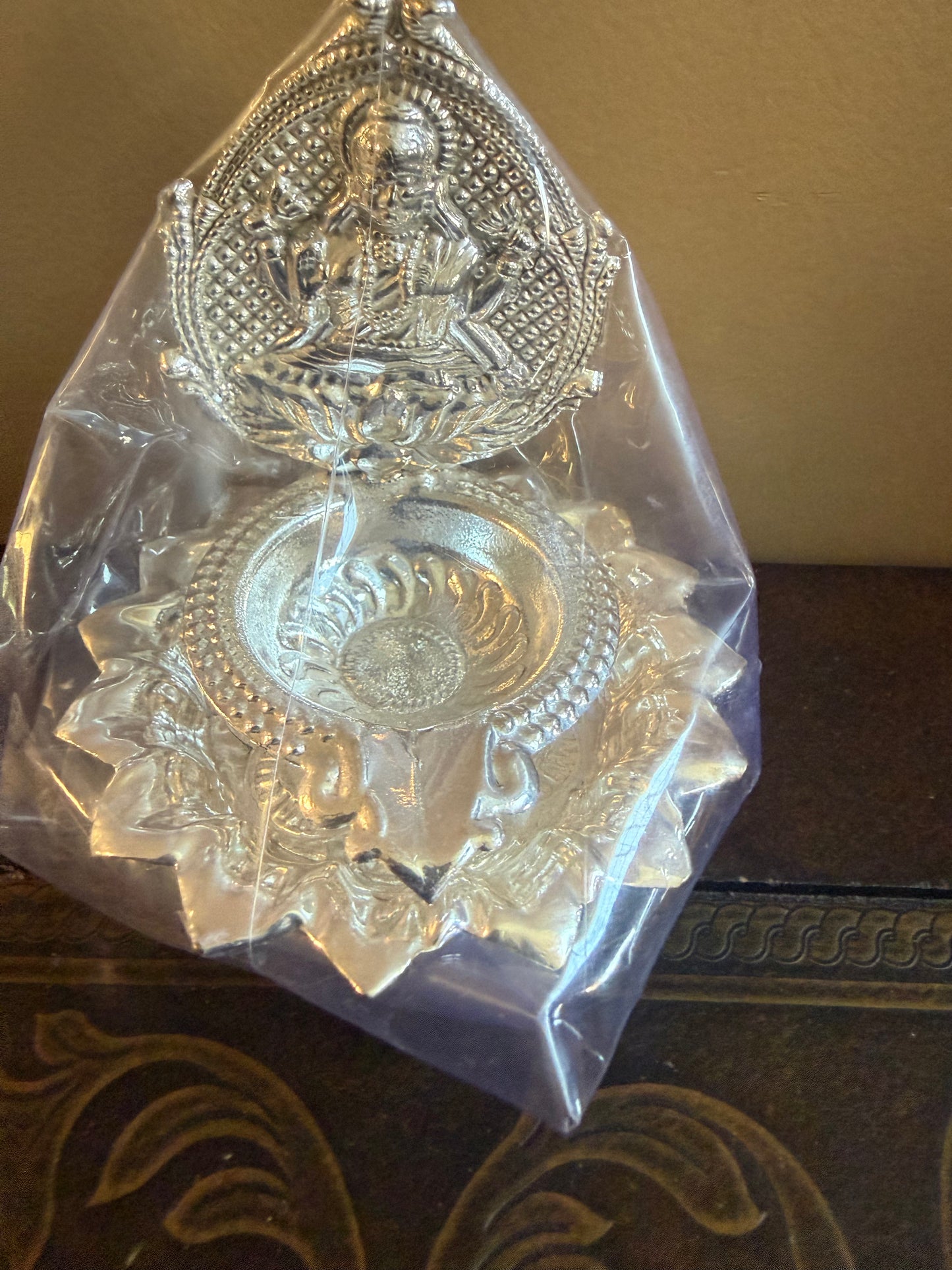 German Silver Laxmi Deepam with lotus , |(4 inch) | Wedding Favors, Religious Gift, Diyas, Diwali Decor |German silver Lakshmi diya for housewarming return gifts | pooja favor|puja gifts