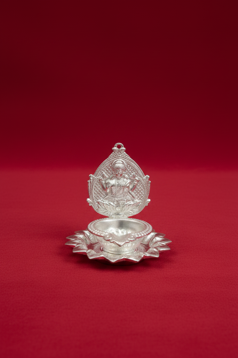 German Silver Laxmi Deepam with lotus , |(4 inch) | Wedding Favors, Religious Gift, Diyas, Diwali Decor |German silver Lakshmi diya for housewarming return gifts | pooja favor|puja gifts