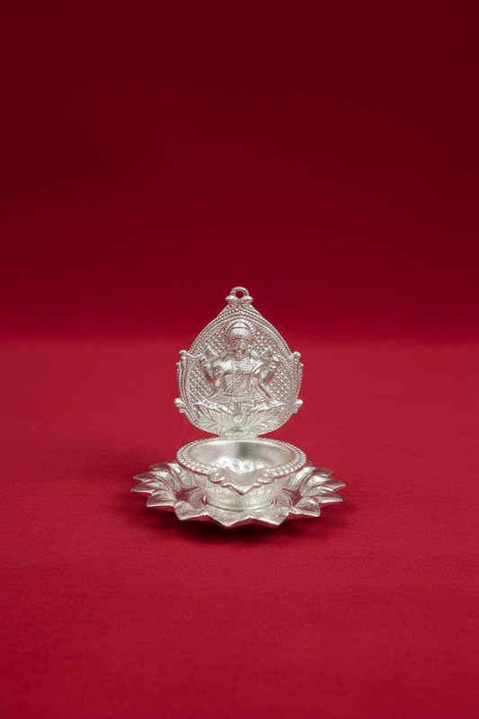 German Silver Laxmi Deepam with lotus , |(4 inch) | Wedding Favors, Religious Gift, Diyas, Diwali Decor |German silver Lakshmi diya for housewarming return gifts | pooja favor|puja gifts