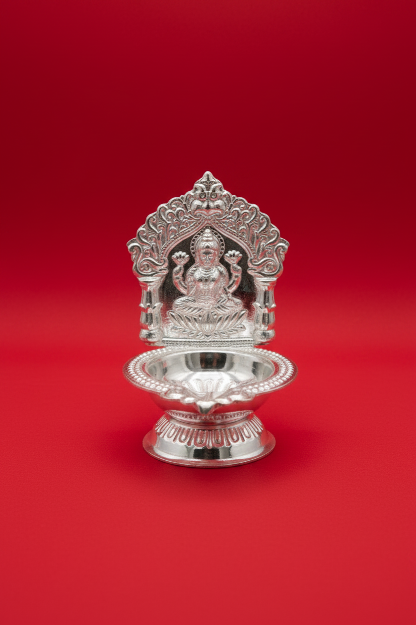 German Silver Laxmi Deepam with lotus , |(4 inch) | Wedding Favors, Religious Gift, Diyas, Diwali Decor |German silver Lakshmi diya for housewarming return gifts | pooja favor|puja gifts