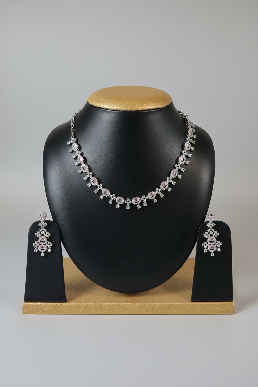 AD Stone Indian Artificial Jewelry Set – Silver with Pink Stone Necklace with Earring Set |Indian Artificial Jewelry Online USA |AD Stone | Gold Plated Imitation Jewelry for Weddings, Festivals| Celebrations,Parties