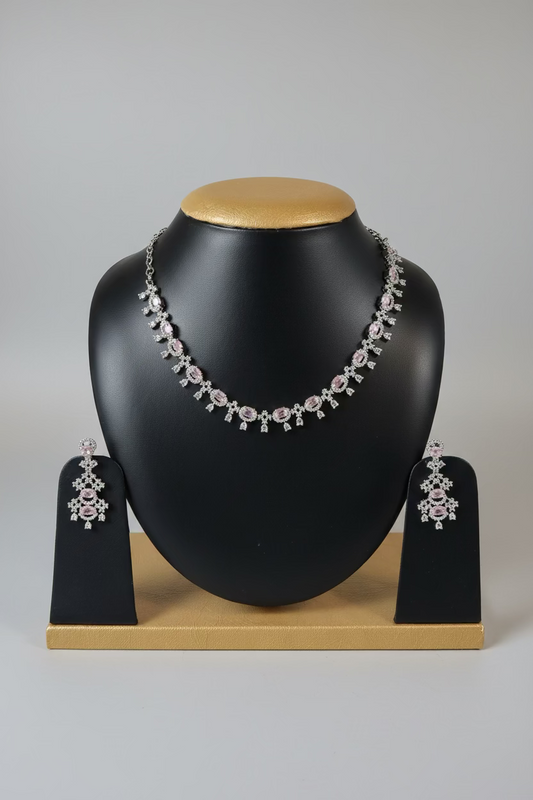 AD Stone Indian Artificial Jewelry Set – Silver with Pink Stone Necklace with Earring Set |Indian Artificial Imitation Jewelry for Weddings,Festivals| Celebrations,Parties