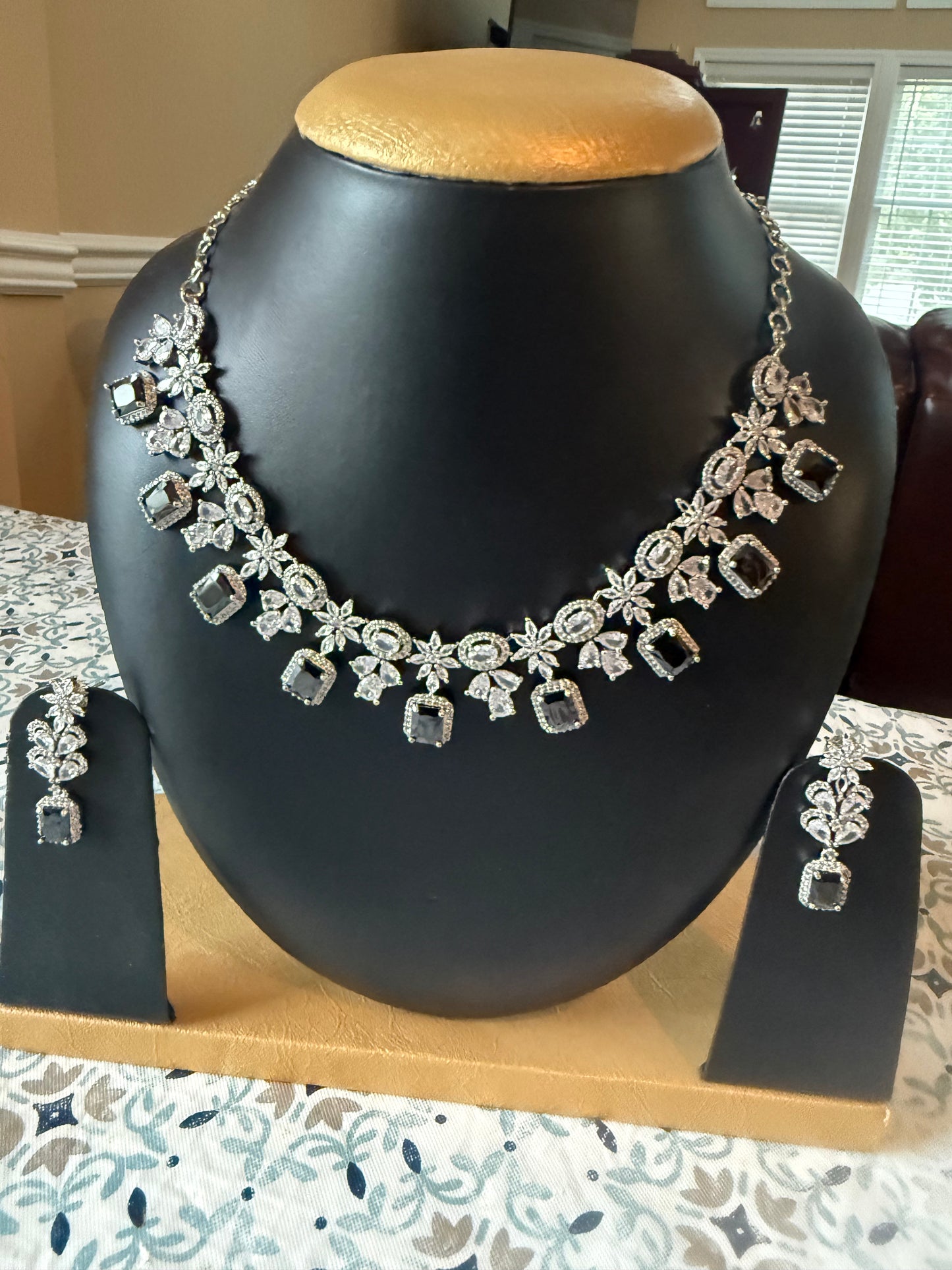 AD Stone Indian Artificial Jewelry Set – Silver with Black Stone Necklace with Earring Set |Indian Artificial Jewelry Online USA |AD Stone | Gold Plated Imitation Jewelry for Weddings, Festivals| Celebrations,Parties