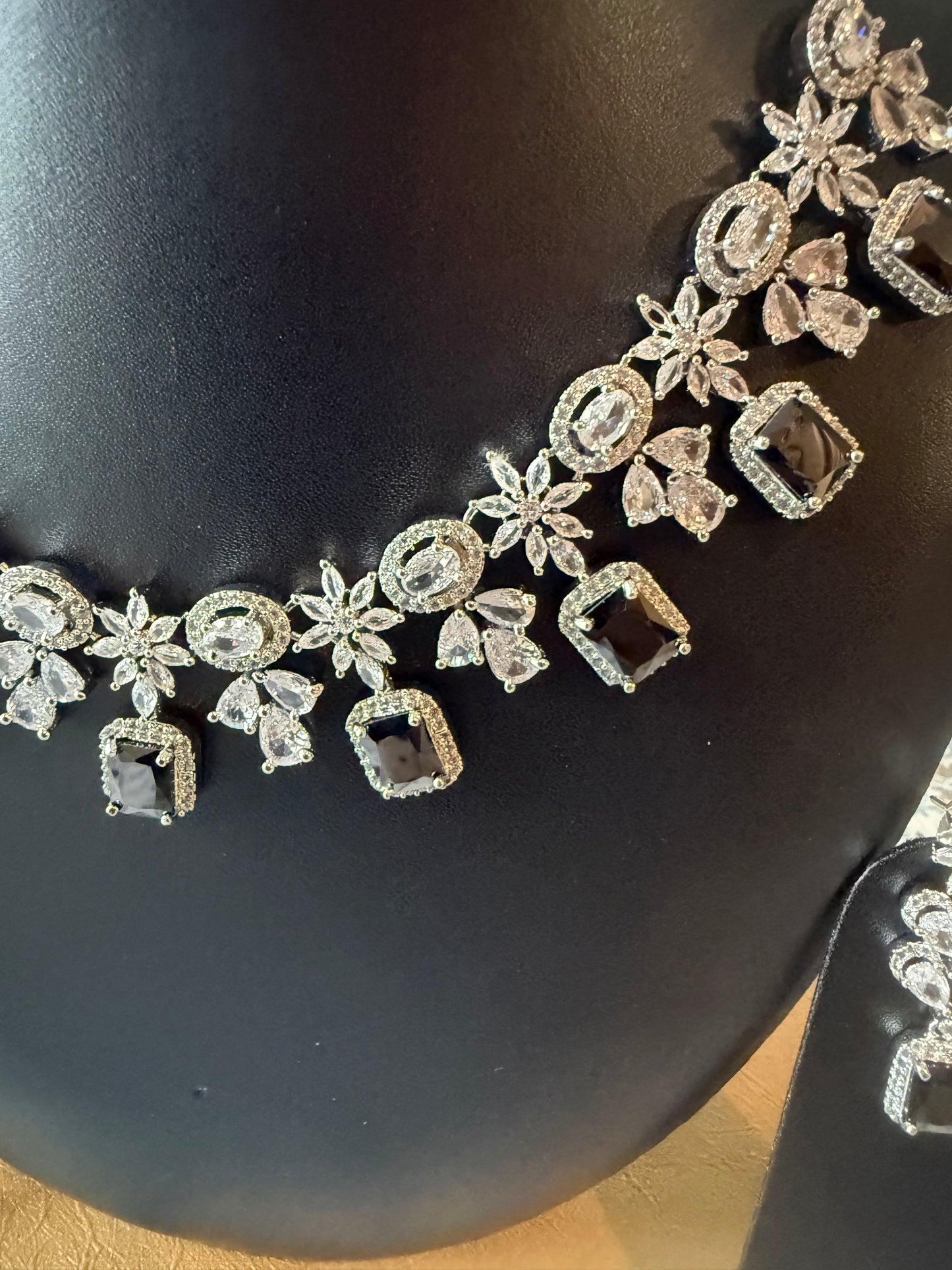 AD Stone Indian Artificial Jewelry Set – Silver with Black Stone Necklace with Earring Set |Indian Artificial Jewelry Online USA |AD Stone | Gold Plated Imitation Jewelry for Weddings, Festivals| Celebrations,Parties