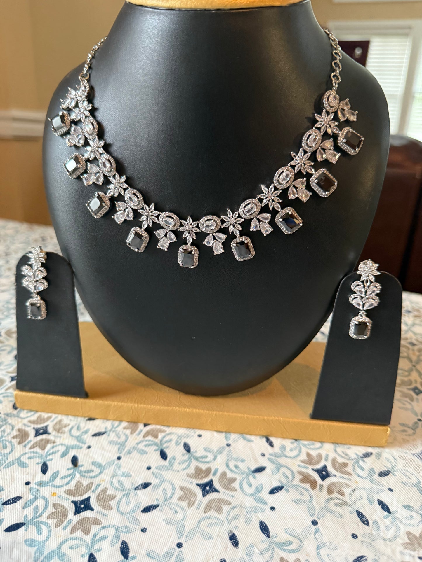 AD Stone Indian Artificial Jewelry Set – Silver with Black Stone Necklace with Earring Set |Indian Artificial Jewelry Online USA |AD Stone | Gold Plated Imitation Jewelry for Weddings, Festivals| Celebrations,Parties