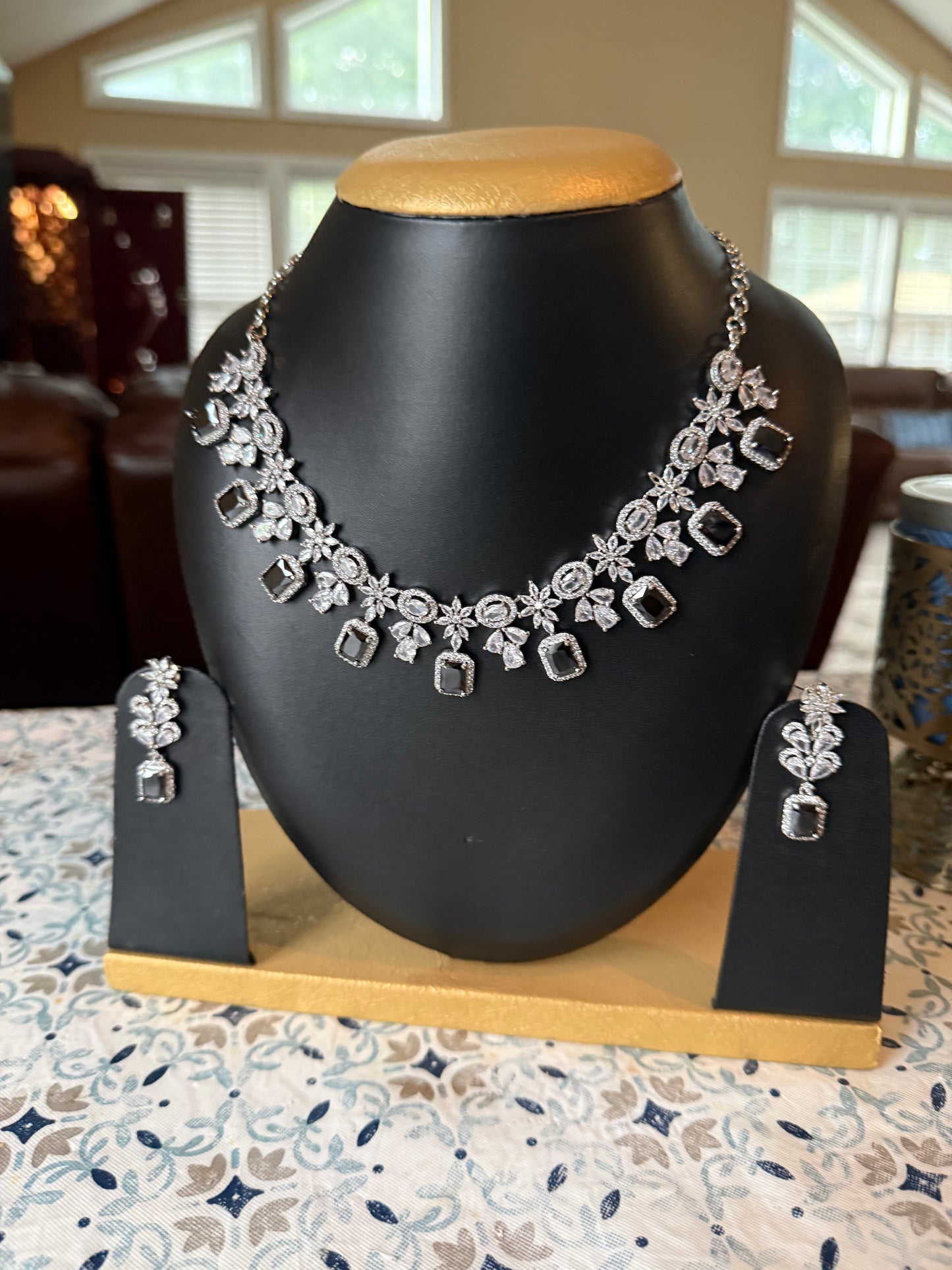 AD Stone Indian Artificial Jewelry Set – Silver with Black Stone Necklace with Earring Set |Indian Artificial Jewelry Online USA |AD Stone | Gold Plated Imitation Jewelry for Weddings, Festivals| Celebrations,Parties
