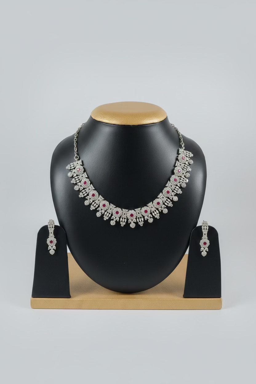 AD Stone Indian Artificial Jewelry Set – Silver Flower with Pink Stone Necklace and Earring Set |Indian Artificial Jewelry Online USA |AD Stone | Gold Plated Imitation Jewelry for Weddings, Festivals| Celebrations,Parties