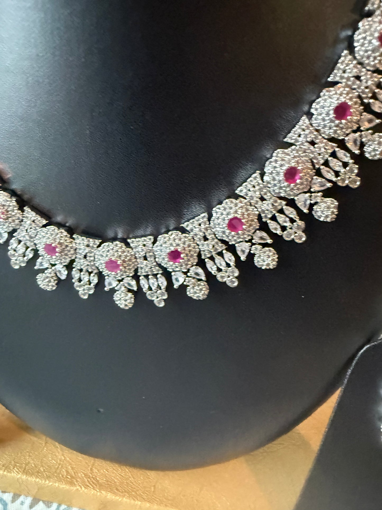 AD Stone Indian Artificial Jewelry Set – Silver Flower with Pink Stone Necklace and Earring Set |Indian Artificial Jewelry Online USA |AD Stone | Gold Plated Imitation Jewelry for Weddings, Festivals| Celebrations,Parties