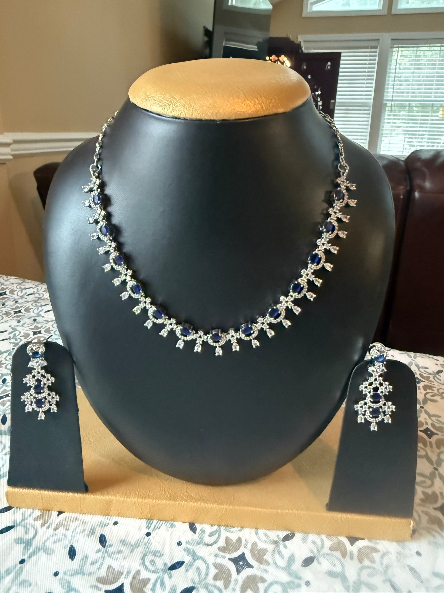 AD Stone Indian Artificial Jewelry Set – Silver with Blue Stone Necklace with Earring Set |Indian Artificial Jewelry Online USA |AD Stone | Gold Plated Imitation Jewelry for Weddings, Festivals| Celebrations,Parties