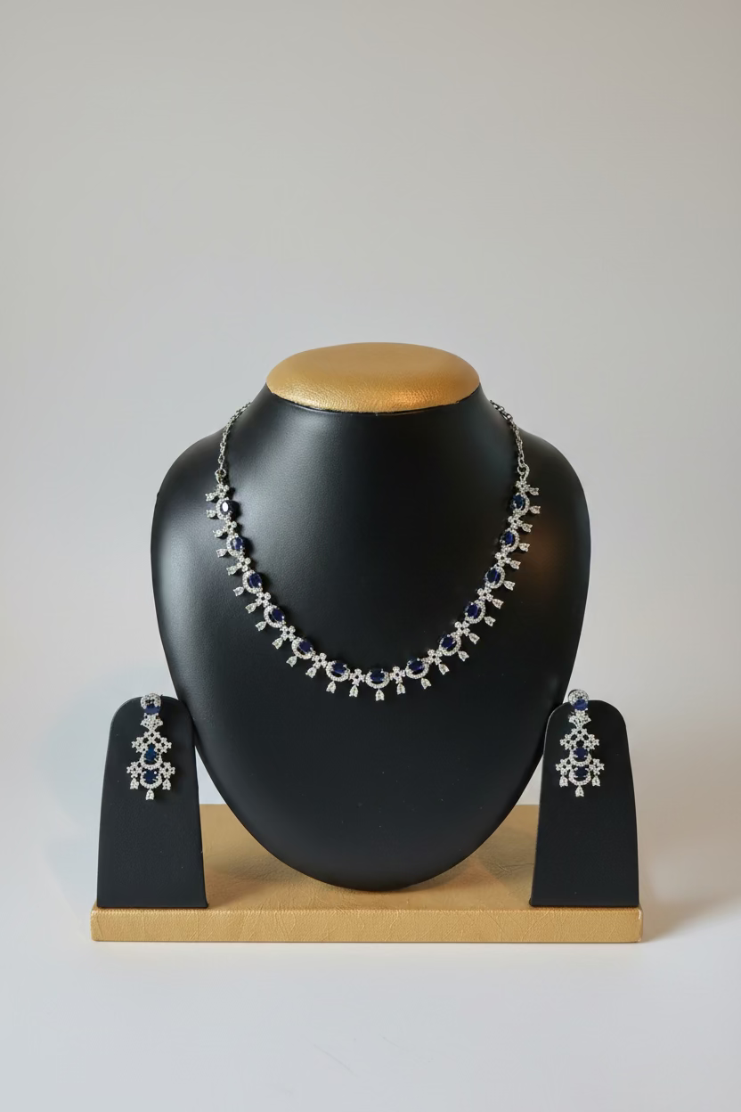 AD Stone Indian Artificial Jewelry Set – Silver with Blue Stone Necklace with Earring Set |Indian Artificial Jewelry Online USA |AD Stone | Gold Plated Imitation Jewelry for Weddings, Festivals| Celebrations,Parties