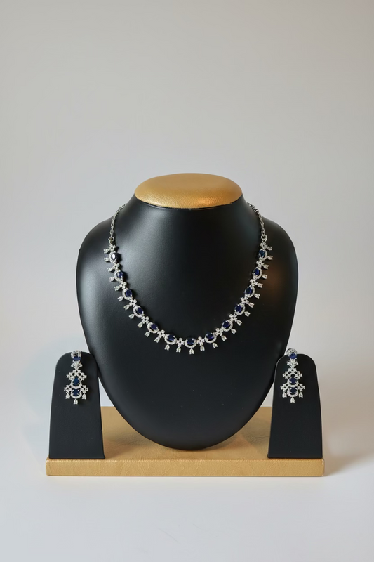AD Stone Indian Artificial Jewelry Set – Silver with Blue Stone Necklace with Earring Set |Indian Artificial Imitation Jewelry for Weddings, Festivals| Celebrations,Parties