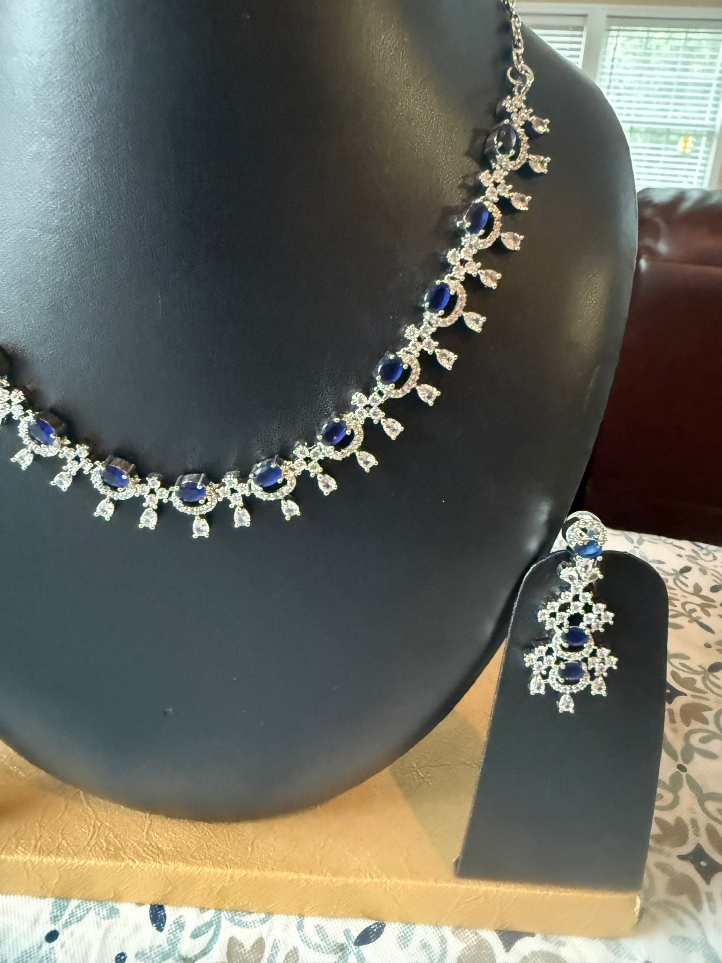 AD Stone Indian Artificial Jewelry Set – Silver with Blue Stone Necklace with Earring Set |Indian Artificial Jewelry Online USA |AD Stone | Gold Plated Imitation Jewelry for Weddings, Festivals| Celebrations,Parties