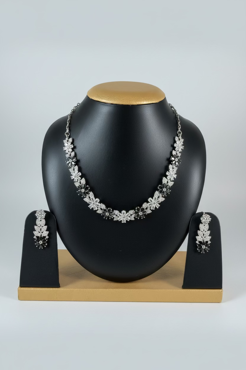 AD Stone Indian Artificial Jewelry Set – Silver white and Black flower Stone Necklace and Earring Set |Indian Artificial Jewelry Online USA |AD Stone | Gold Plated Imitation Jewelry for Weddings, Festivals| Celebrations,Parties