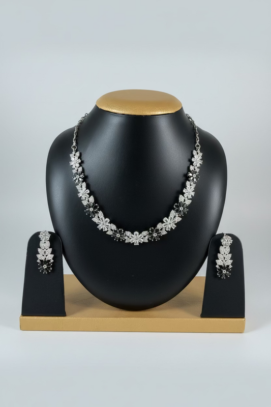AD Stone Indian Artificial Jewelry Set – Silver White and Black Flower Stone Necklace and Earring Set |AD Stone | Imitation Jewelry for Weddings, Festivals| Celebrations,Parties