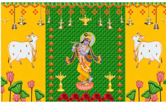 Decorative panel with Lord Krishna, cows, and traditional elements on a yellow and green background cloth backdrop