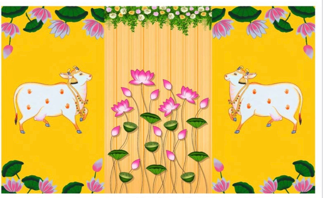 Traditional Indian Housewarming Pooja Backdrop |Ganesha Puja Backdrop | Pichwai/Cow Backdrop| Cloth Backdrop Decoration |Navaratri | Ganesh Chaturthi | Diwali| Wedding | Housewarming Back drop