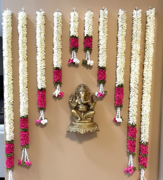 Indian Artificial flower garland|White and Pink Garland| pooja backdrop garland set for housewarming/festival decorations/pink garlands