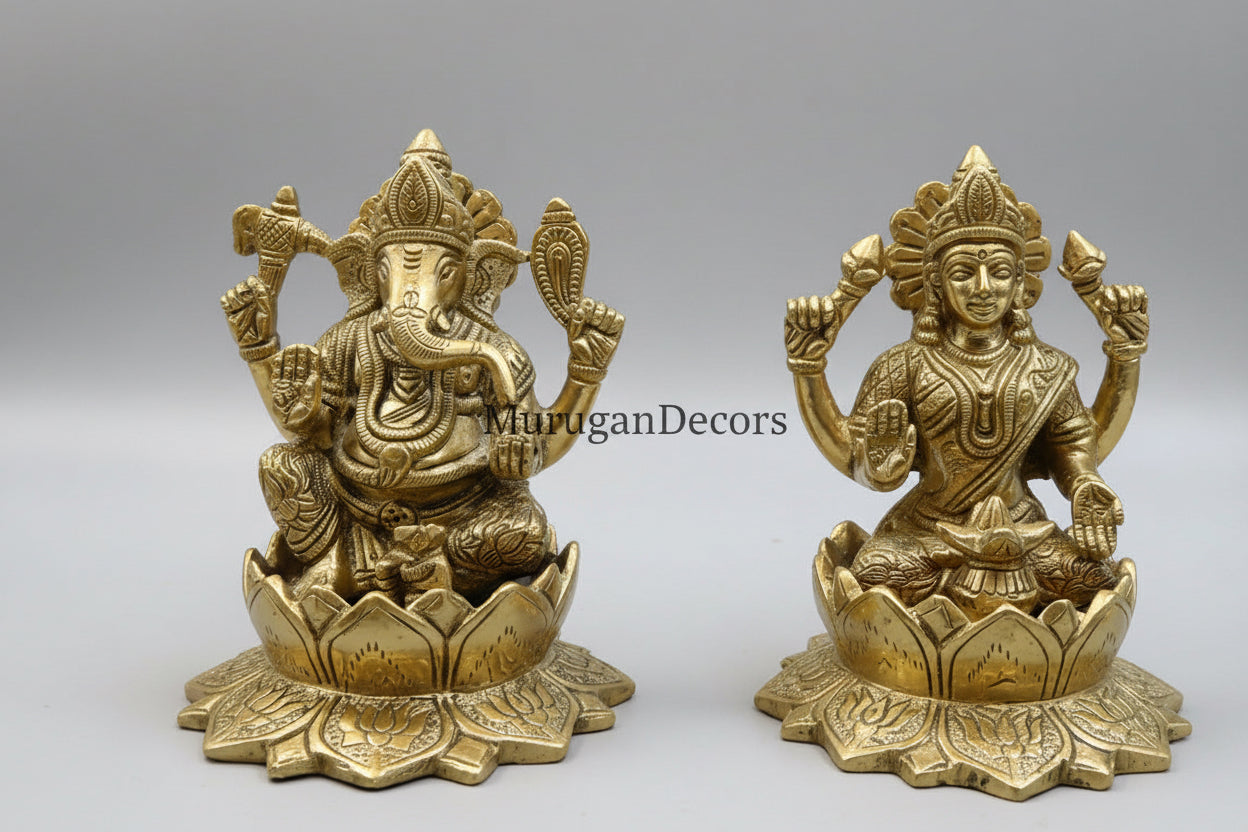 Brass Hindu god idols | 5.5 inch Ganesha and Lakshmi God statues with Lotus for pooja room | Vinayakar & Lakshmi Murti | Antique Brass Statue|Lakshmi |Vinayagar | Lakshmi brass Statue for Hindu pooja