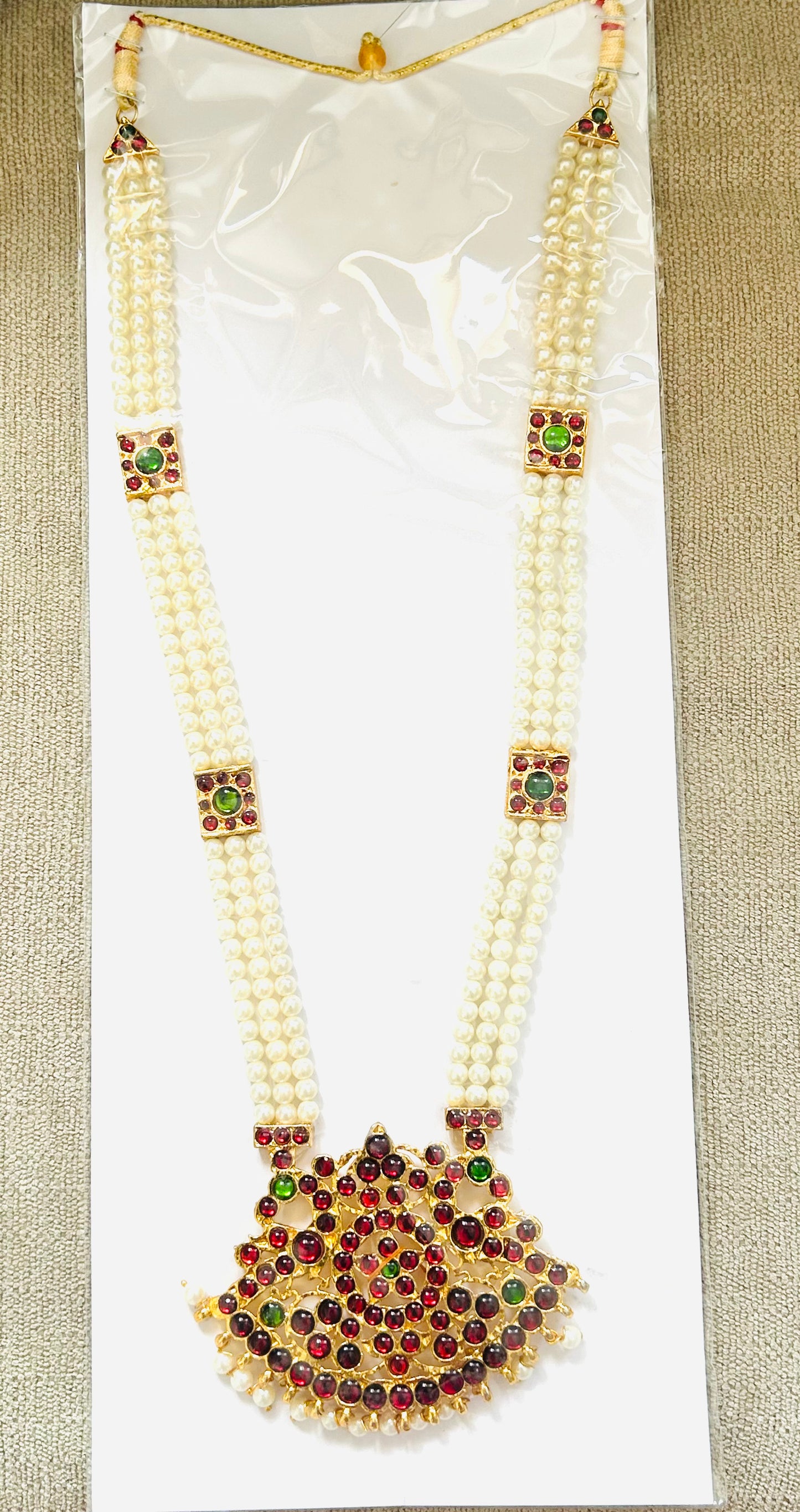 Red Kemp 3 lines pearl Temple Indian jewelry | LONG Haram | Bharatanatyam Kuchipudi Weddings Birthdays | Classical Dance Jewelry