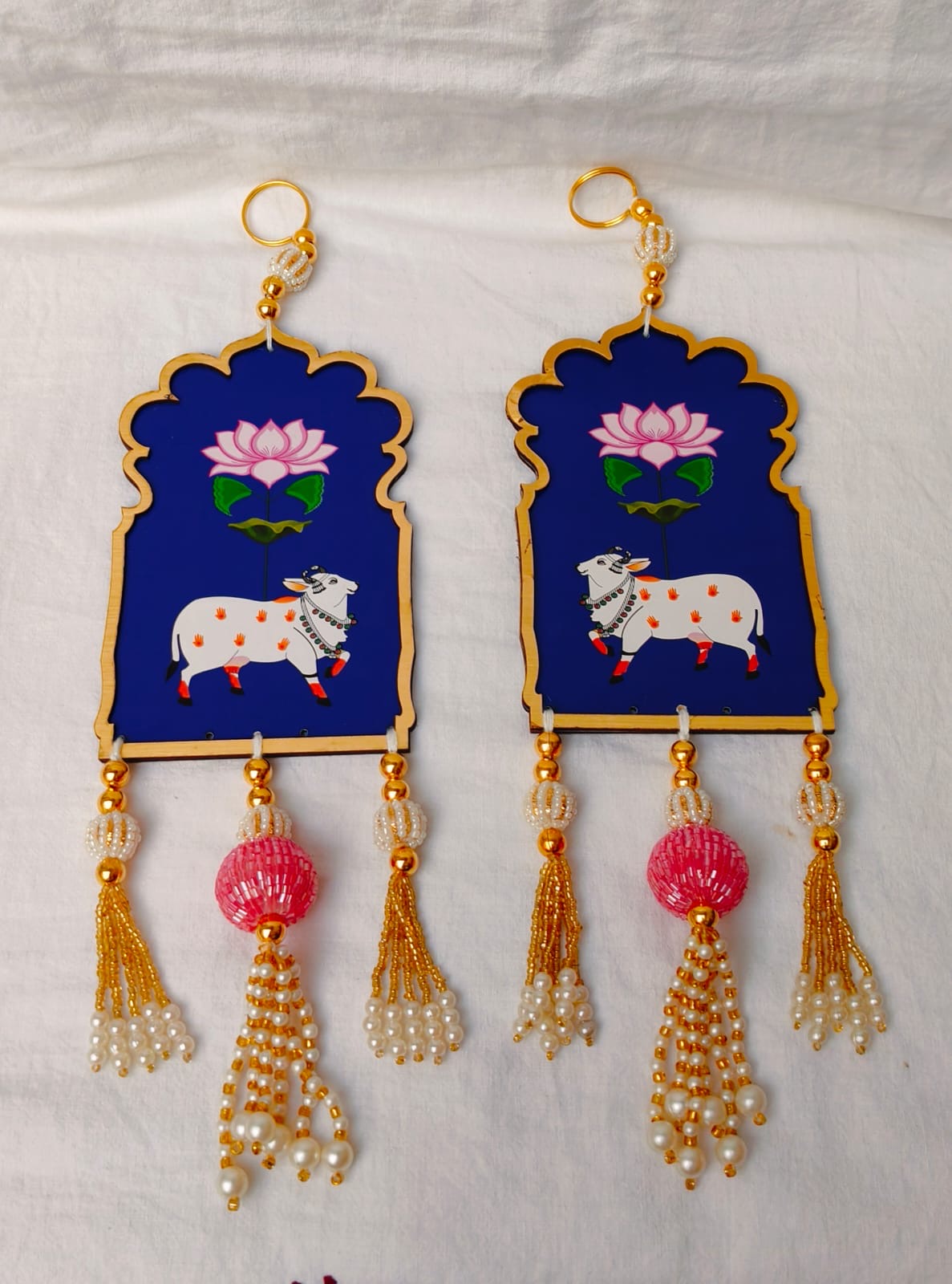 Acrylic Pichwai Cow Shubh Labh Wall Hanging with beeds– Auspicious Diwali & Navratri Décor | Ganesh Chaturthi, Golu Festival & Housewarming Decoration