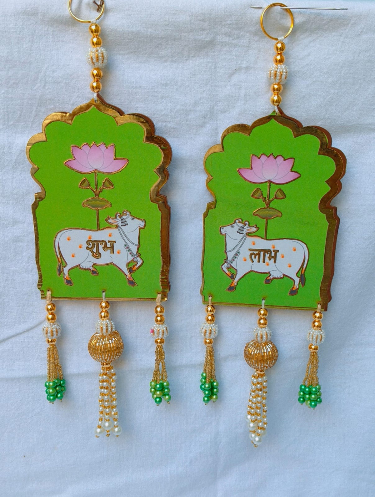 Acrylic Pichwai Cow Shubh Labh Wall Hanging with beeds– Auspicious Diwali & Navratri Décor | Ganesh Chaturthi, Golu Festival & Housewarming Decoration