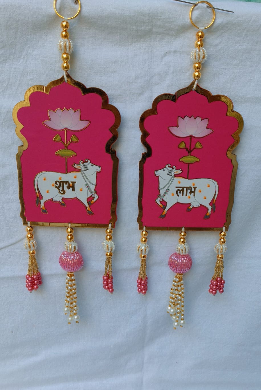 Acrylic Pichwai Cow Shubh Labh Wall Hanging with beeds– Auspicious Diwali & Navratri Décor | Ganesh Chaturthi, Golu Festival & Housewarming Decoration