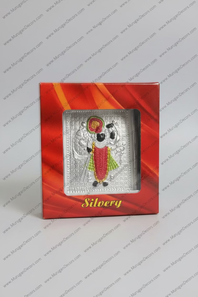 Buy 999 Pure Silver Shreenathji Photo Frame 3x3 inch in designer gift box. Perfect return gift for Janmashtami, Krishna Jayanthi & housewarming. Ships USA. at MuruganDecors