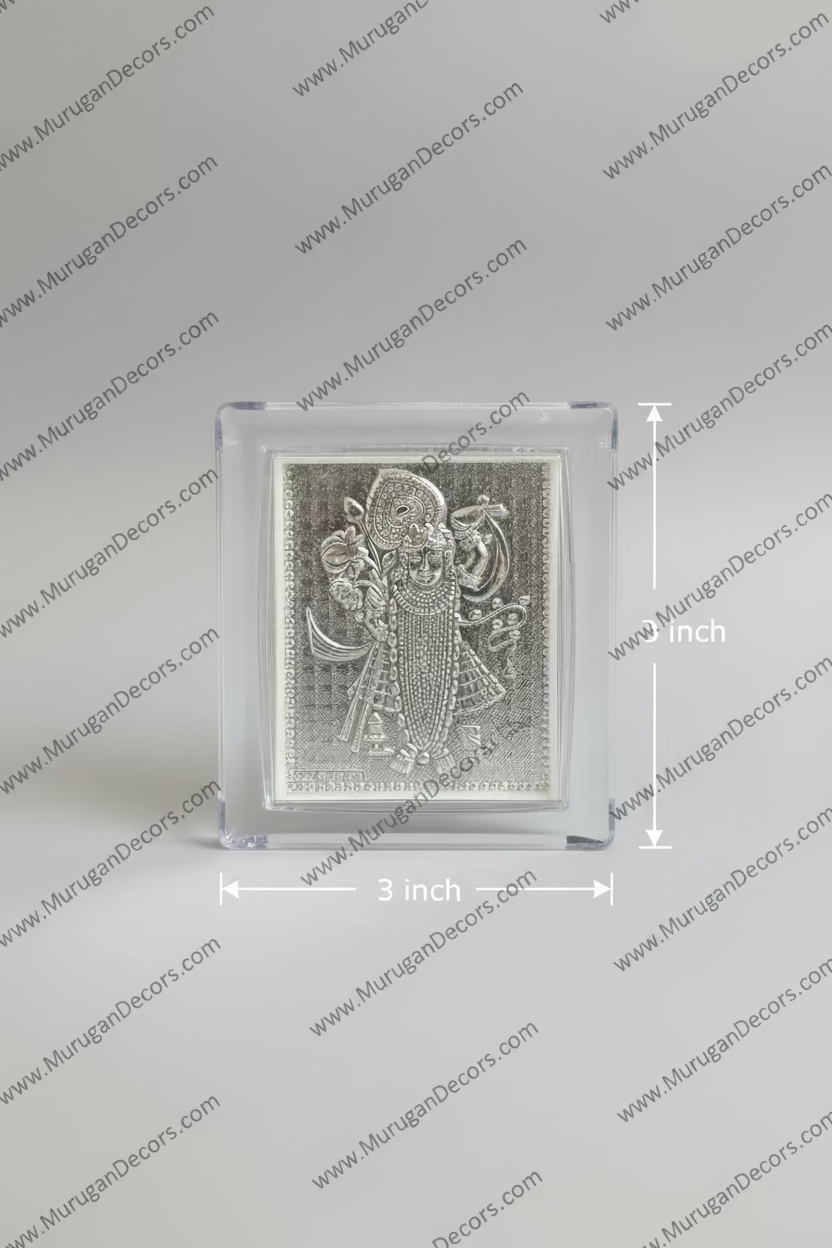 Shop online USA 999 Pure Silver Shreenathji Photo Frame 3x3 inch in designer gift box. Perfect return gift for Janmashtami, Krishna Jayanthi & housewarming. Ships USA. at MuruganDecors